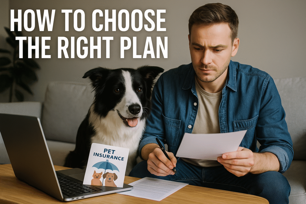 Man reading pet insurance info with dog in lap.
