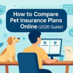 Pet owner comparing pet insurance plans online on a laptop with a dog and cat beside them.