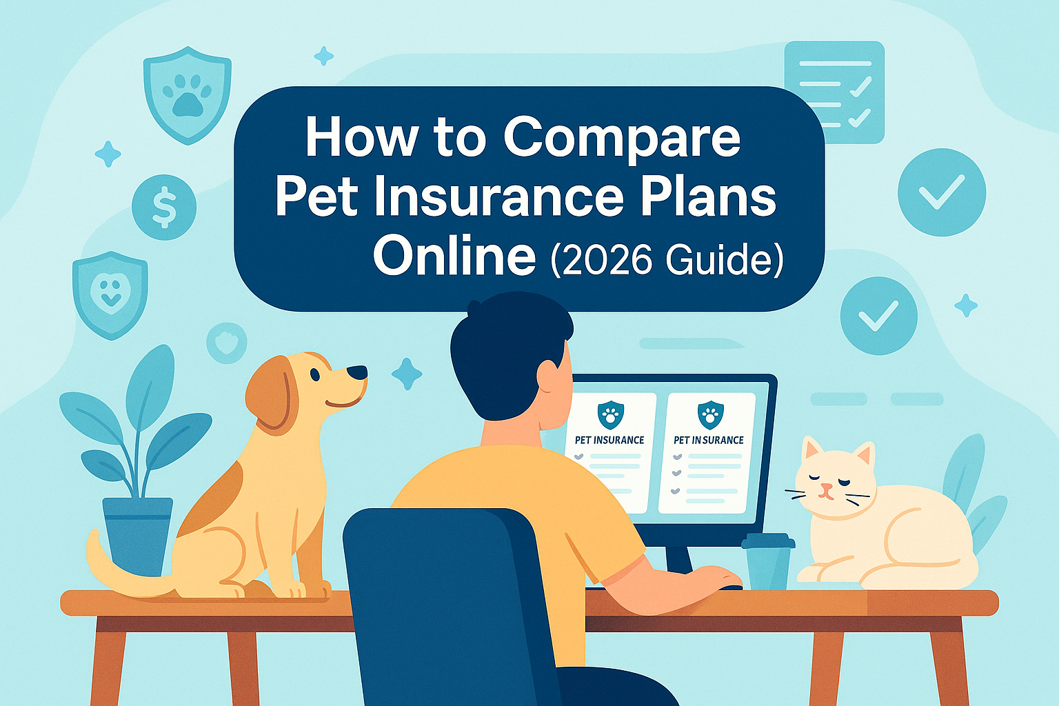 Pet owner comparing pet insurance plans online on a laptop with a dog and cat beside them.