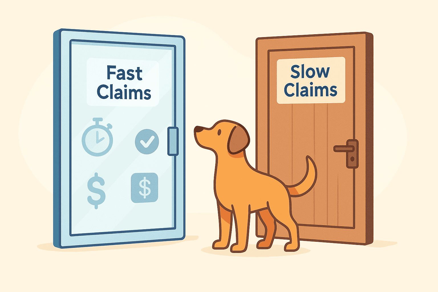 Dog looking at two doors labeled fast claims and slow claims to compare different pet insurance claim experiences.