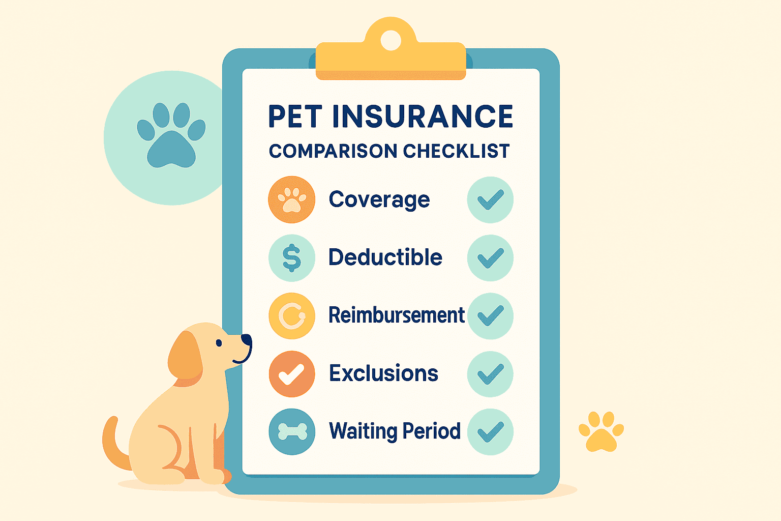 Checklist clipboard showing key elements to compare in pet insurance plans such as coverage, deductibles, reimbursements, and exclusions.