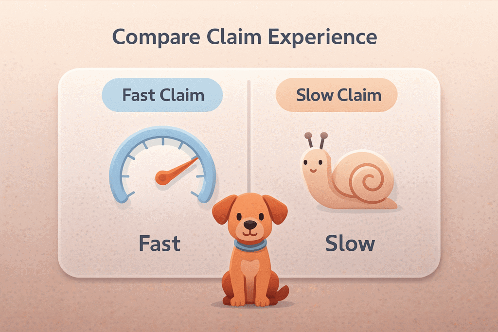 Illustration showing fast pet insurance claims with a speedometer icon and slow claims with a snail icon, beside a dog character for comparison.
