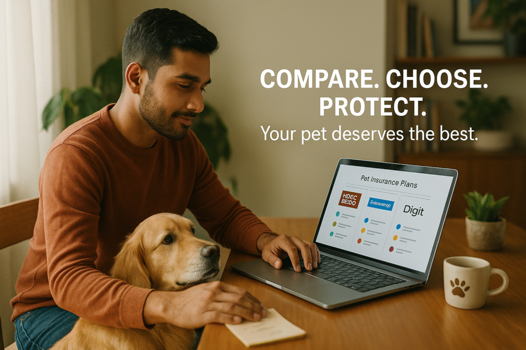 Laptop comparing pet insurance providers in India.