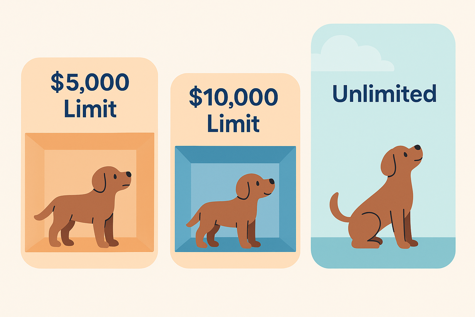 Rooms with different ceiling heights representing pet insurance annual limits of $5,000, $10,000, and unlimited coverage.