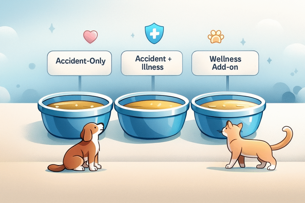 Three bowls showing accident-only, accident and illness, and wellness add-on pet insurance plan types with a dog and cat choosing between them.