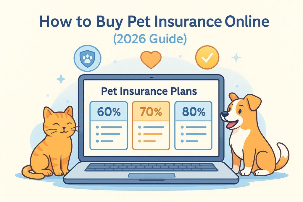 A cartoon-style illustration of a laptop displaying pet insurance plans for 2026, with a smiling dog and cat sitting beside it, in soft pastel colors.