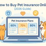 A cartoon-style illustration of a laptop displaying pet insurance plans for 2026, with a smiling dog and cat sitting beside it, in soft pastel colors.