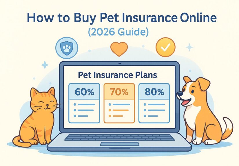 A cartoon-style illustration of a laptop displaying pet insurance plans for 2026, with a smiling dog and cat sitting beside it, in soft pastel colors.
