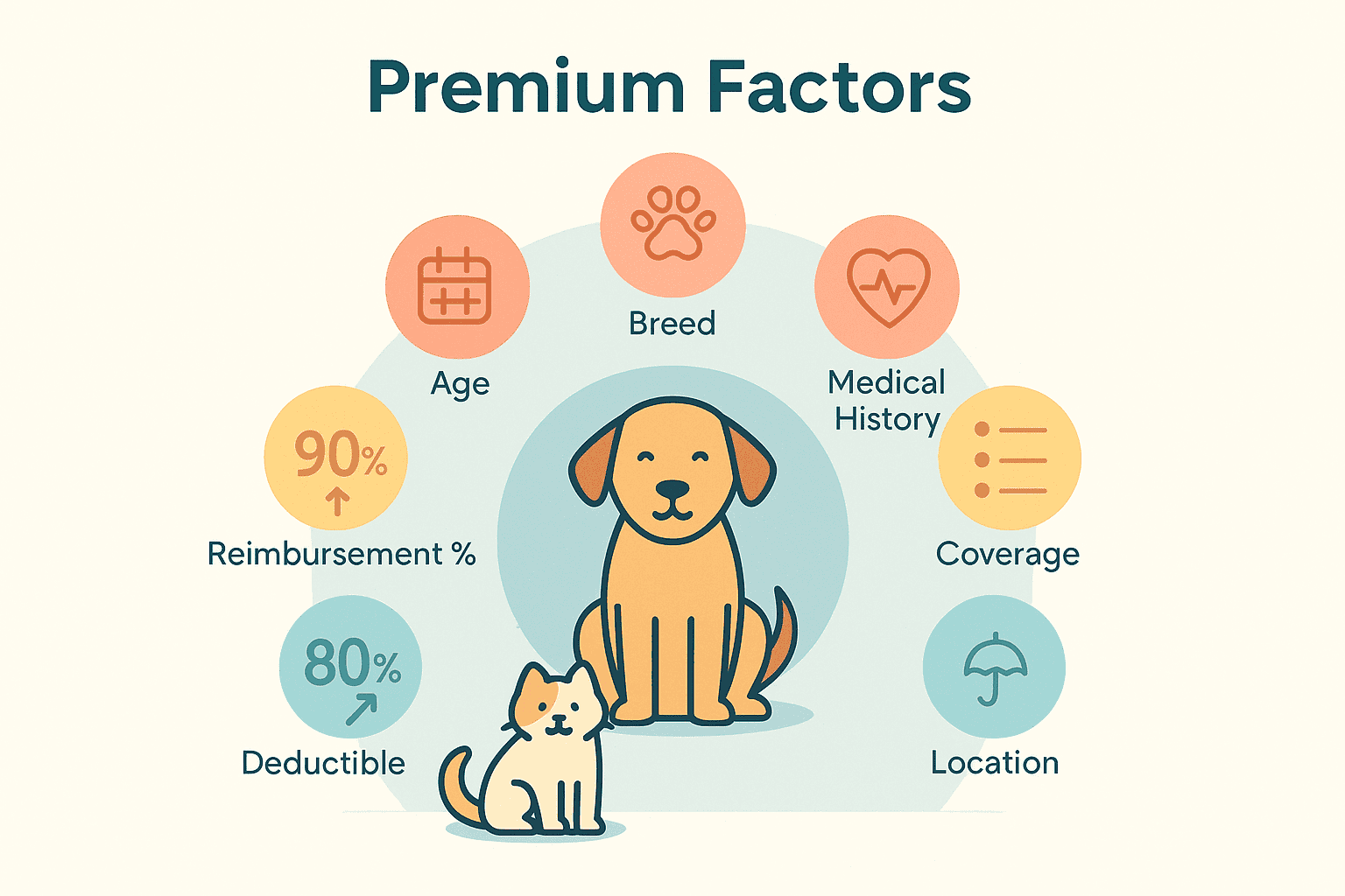 Infographic of pet surrounded by icons showing factors that affect pet insurance premiums like breed, age, location, and coverage.