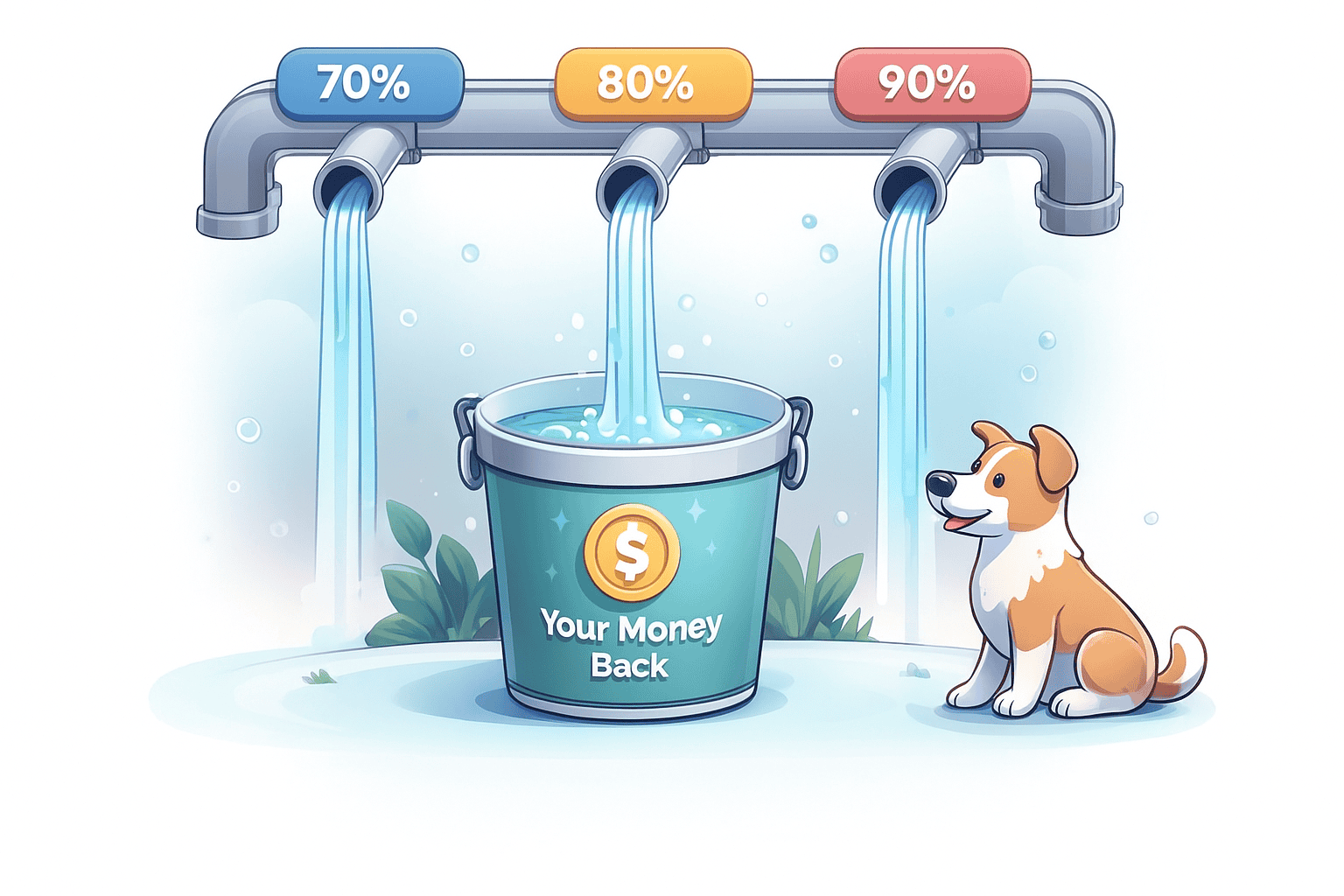 Three labeled pipes showing 70%, 80%, and 90% reimbursement rates pouring into a bucket to represent money returned in pet insurance.