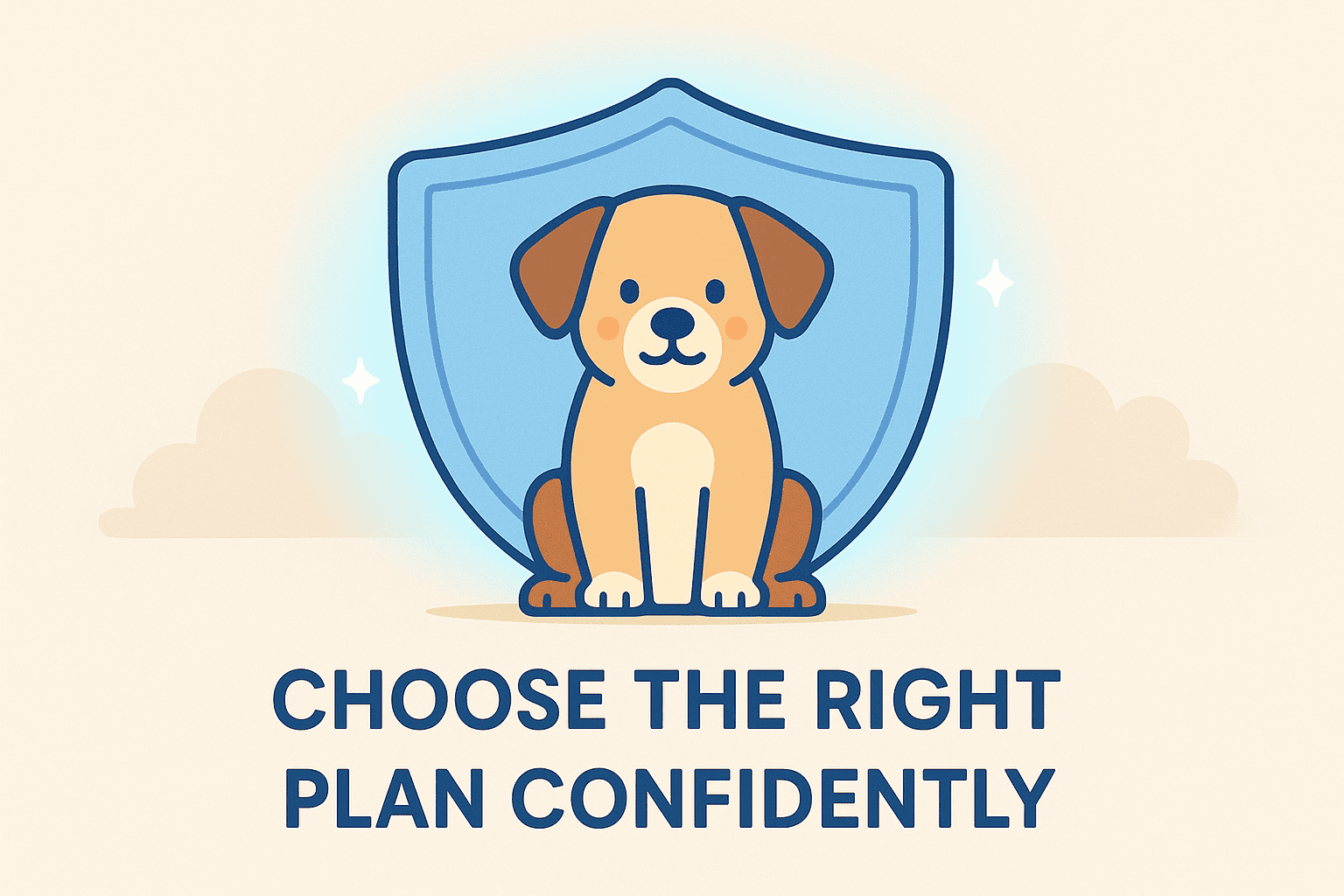 Pet sitting under a protective glowing shield symbolizing choosing the right pet insurance plan for safety and comfort.