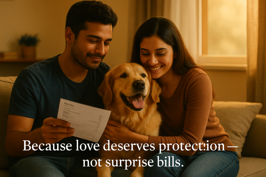 Couple with golden retriever at home, showing emotional safety.
