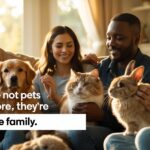 Diverse pet owners cuddling their pets in warm natural light, symbolizing love and security.