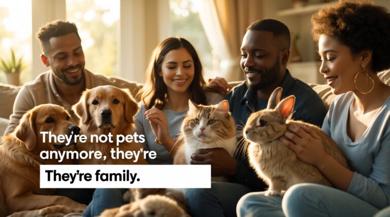 Diverse pet owners cuddling their pets in warm natural light, symbolizing love and security.