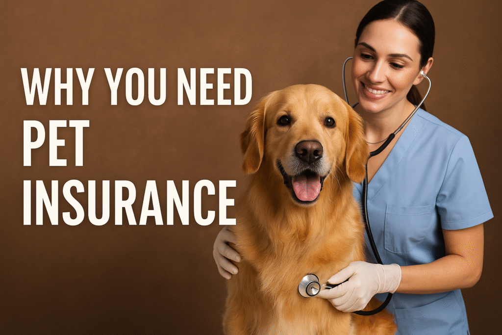 Golden retriever sitting calmly while a smiling female veterinarian in blue scrubs uses a stethoscope to check the dog’s chest, with the bold text “WHY YOU NEED PET INSURANCE” on the left side against a warm brown background.