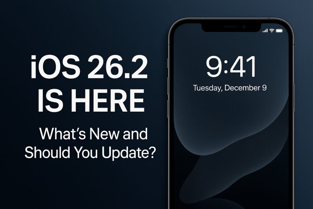 iOS 26.2 update featured image showing iPhone lock screen with Liquid Glass design and release announcement