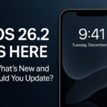 iOS 26.2 update featured image showing iPhone lock screen with Liquid Glass design and release announcement