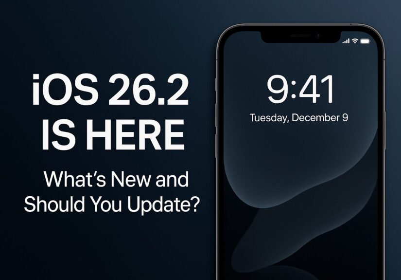 iOS 26.2 update featured image showing iPhone lock screen with Liquid Glass design and release announcement