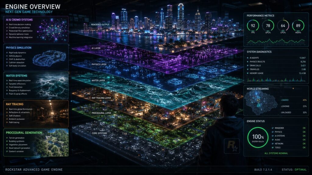 Grand Theft Auto VI technology artwork highlighting advanced AI, ray tracing and next-generation game engine features