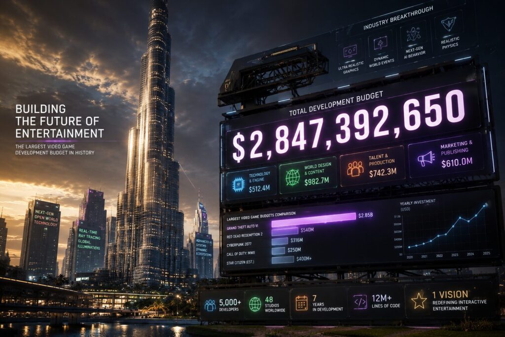 GTA 6 development cost concept featuring a billion-dollar game project and futuristic city construction