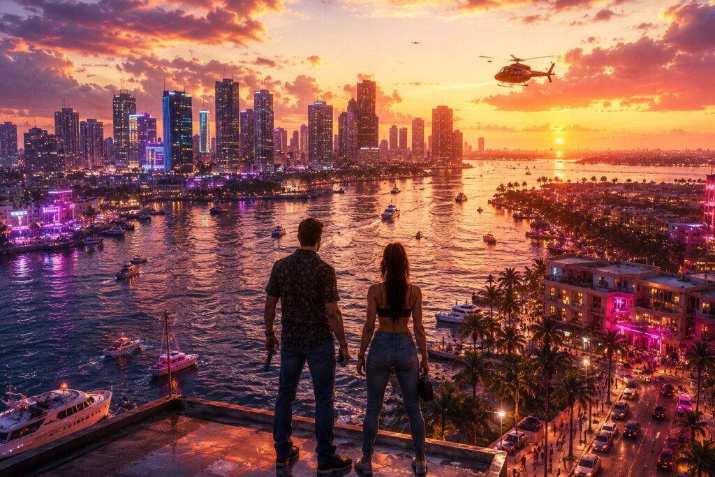GTA 6 future of gaming artwork featuring a massive open world, neon city skyline and next-generation gaming experience
