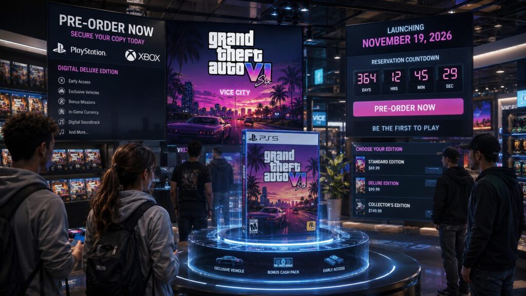 GTA 6 pre order date illustration showing a gamer reserving Grand Theft Auto VI through a digital platform