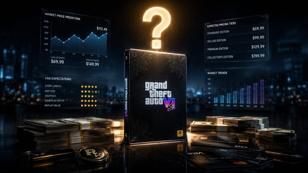 GTA 6 price speculation artwork featuring gaming collectibles, money and a mystery question mark