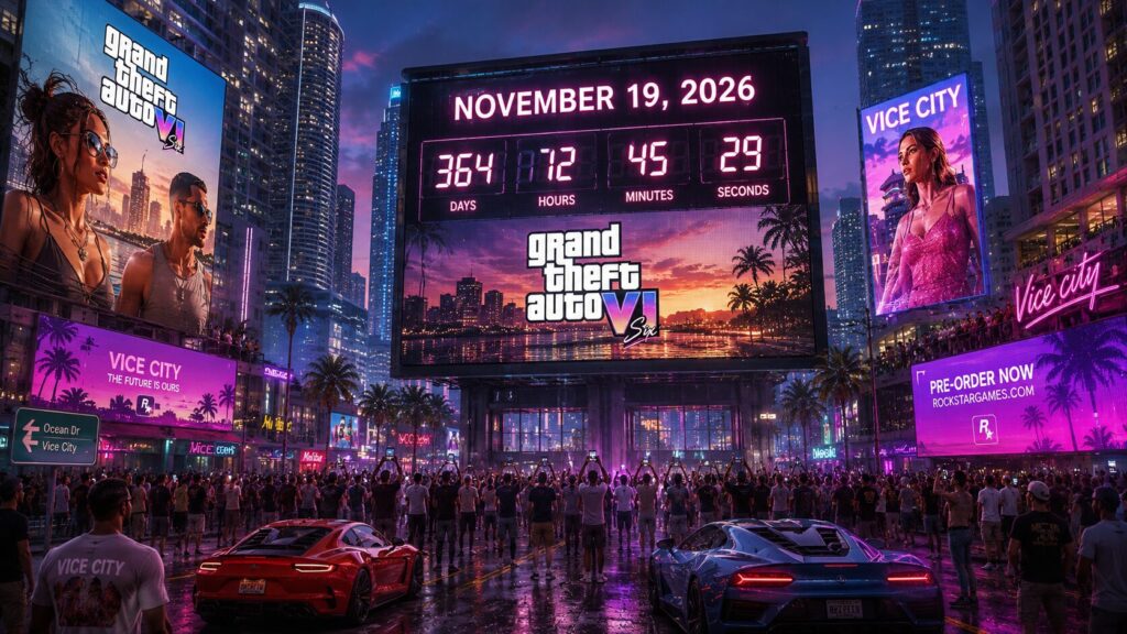 GTA 6 release date confirmed concept artwork featuring a countdown clock and futuristic gaming city skyline