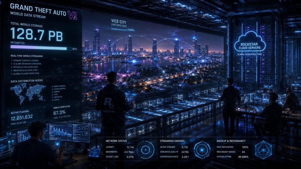 GTA 6 storage size rumors illustration showing cloud technology, digital data systems and a massive game world