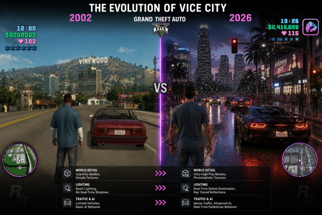 GTA 6 vs GTA 5 comparison artwork showing the evolution of Rockstar Games open-world technology