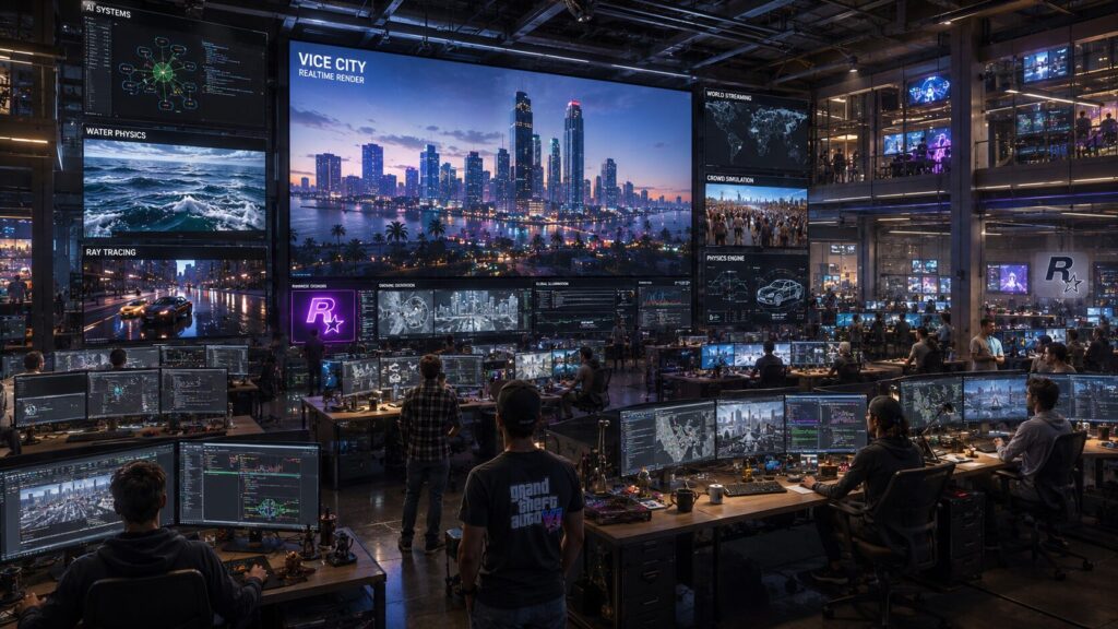 GTA 6 development scale concept showing advanced game creation technology and a massive open-world project